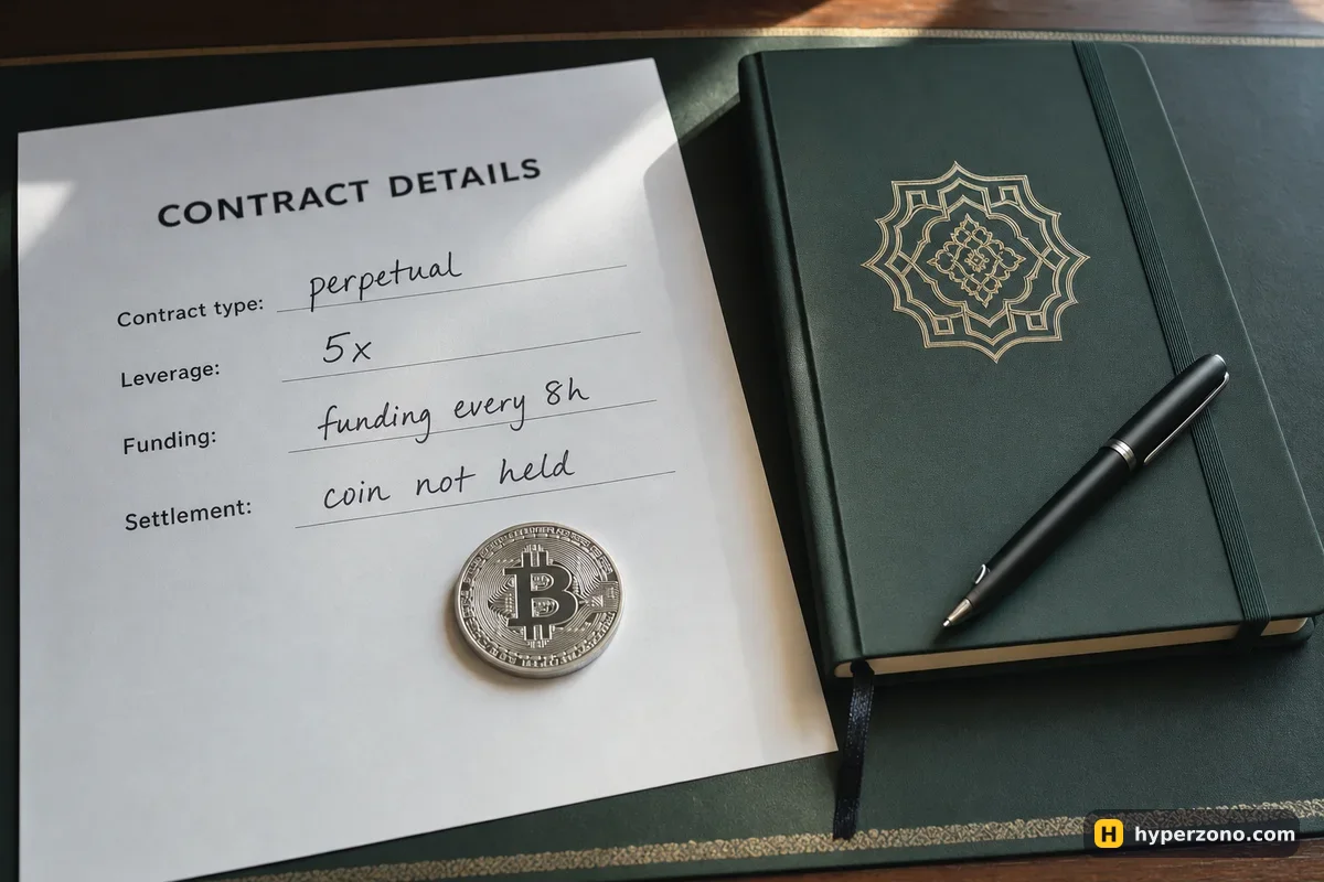 A handwritten sheet headed Contract Details listing perpetual, 5x, funding every 8 hours and coin not held, next to a notebook and a Bitcoin coin