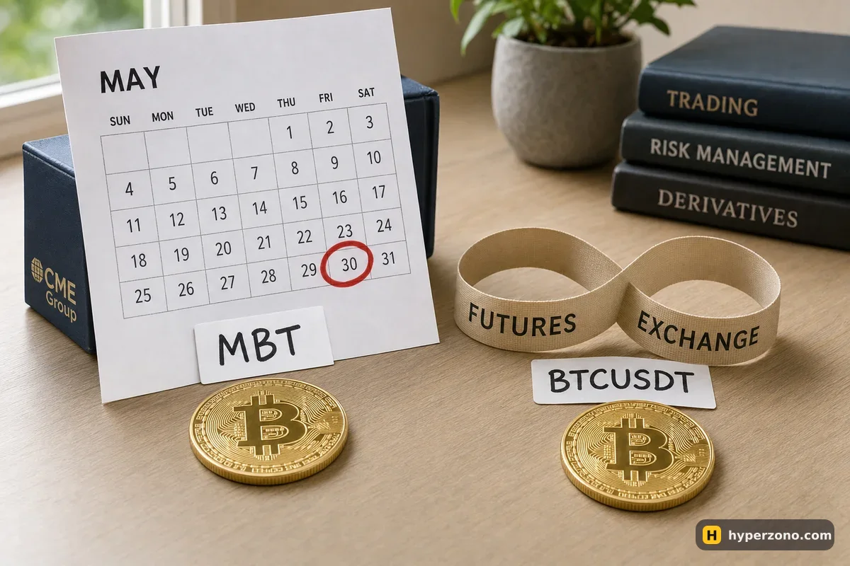 A calendar page with the last Friday circled labelled MBT, next to a ribbon in an endless loop labelled BTCUSDT, each with a Bitcoin coin