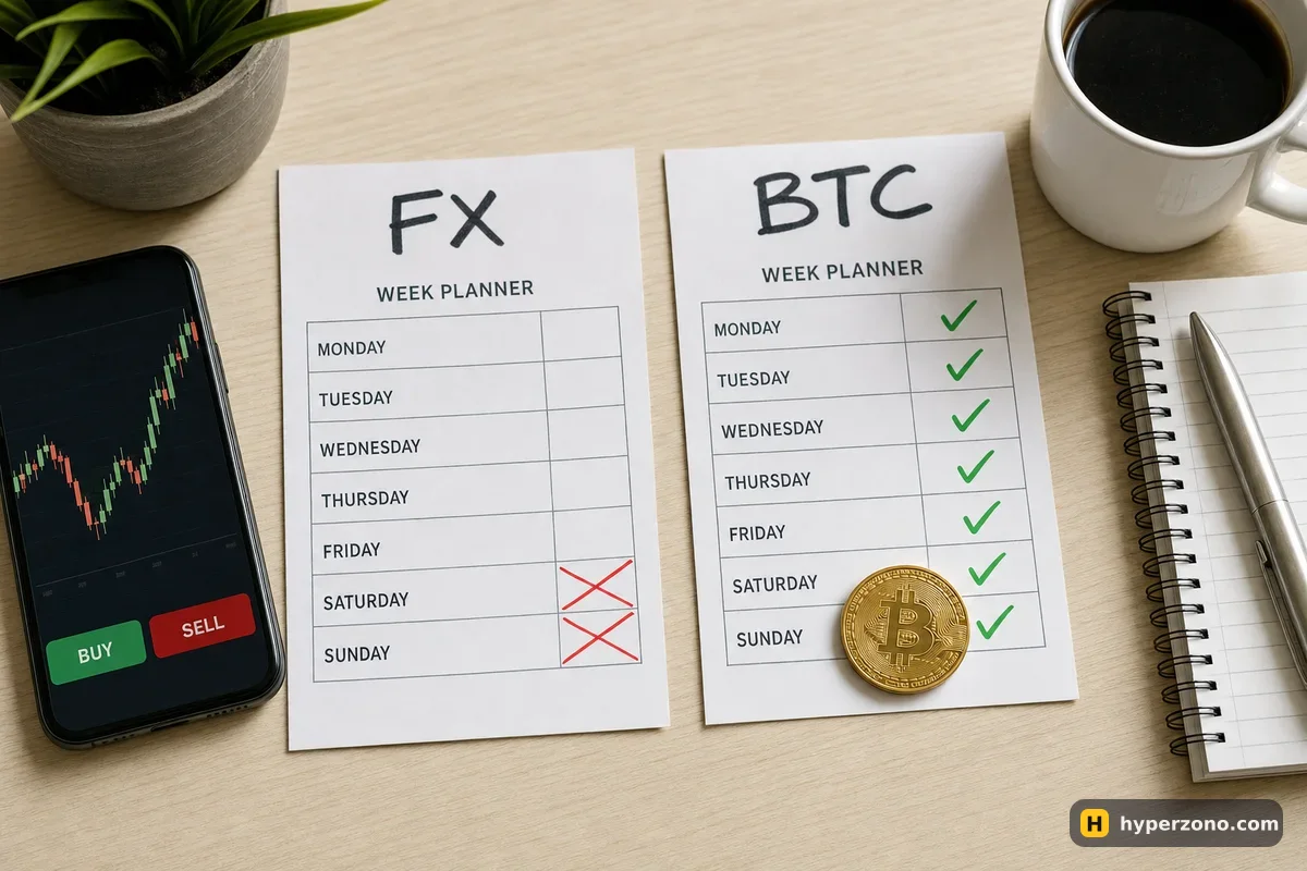 Two paper week planners on a desk: the FX one has the weekend crossed out, the BTC one has every day ticked with a bitcoin coin on Sunday