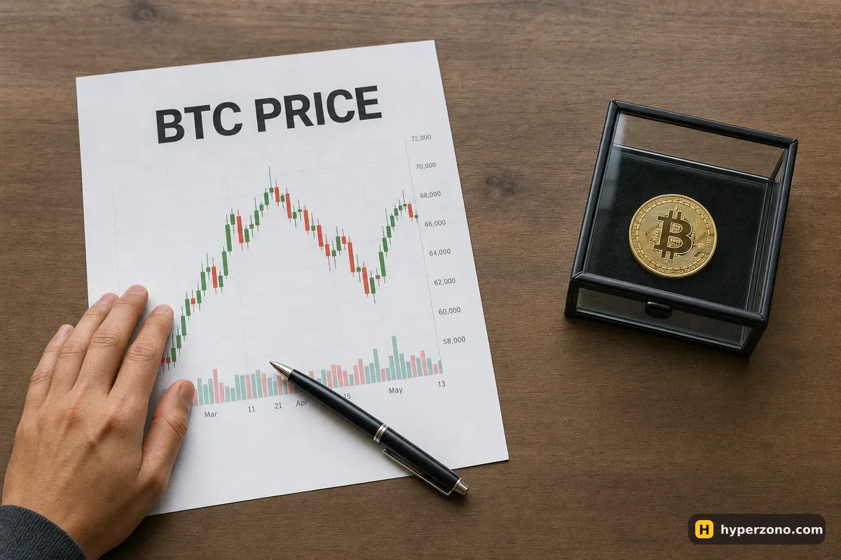 A printed price agreement with a BTC chart next to a Bitcoin coin locked inside a glass display box