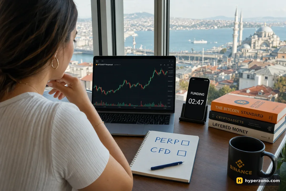 A woman checking a phone screen showing a funding countdown, next to a notebook with PERP and CFD written on it