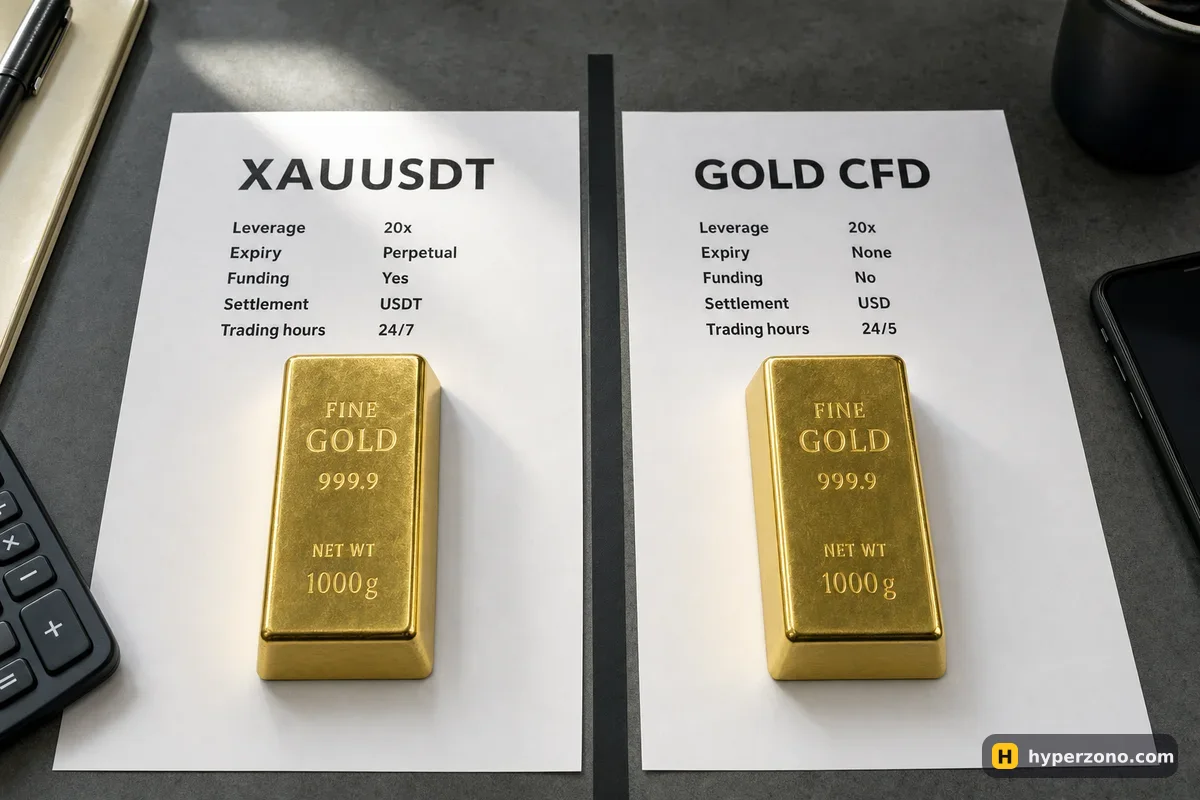 Two identical gold bars on two printed sheets, one headed XAUUSDT and one headed GOLD CFD, divided by a strip of tape