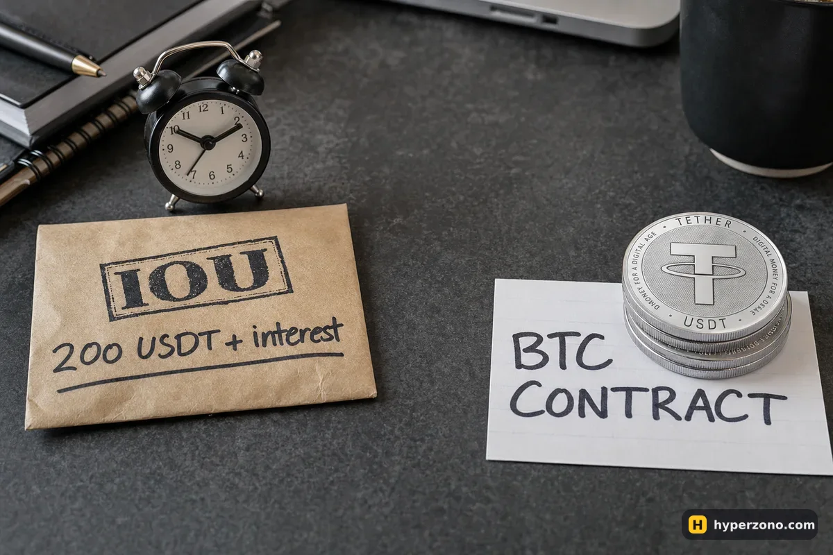 An IOU envelope with a clock on the left and a card marked BTC CONTRACT with a stack of USDT coins on the right