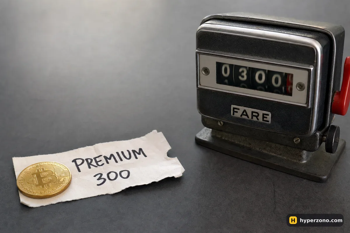 A paper voucher marked PREMIUM 300 under a Bitcoin coin beside a running taxi meter with blurred digits