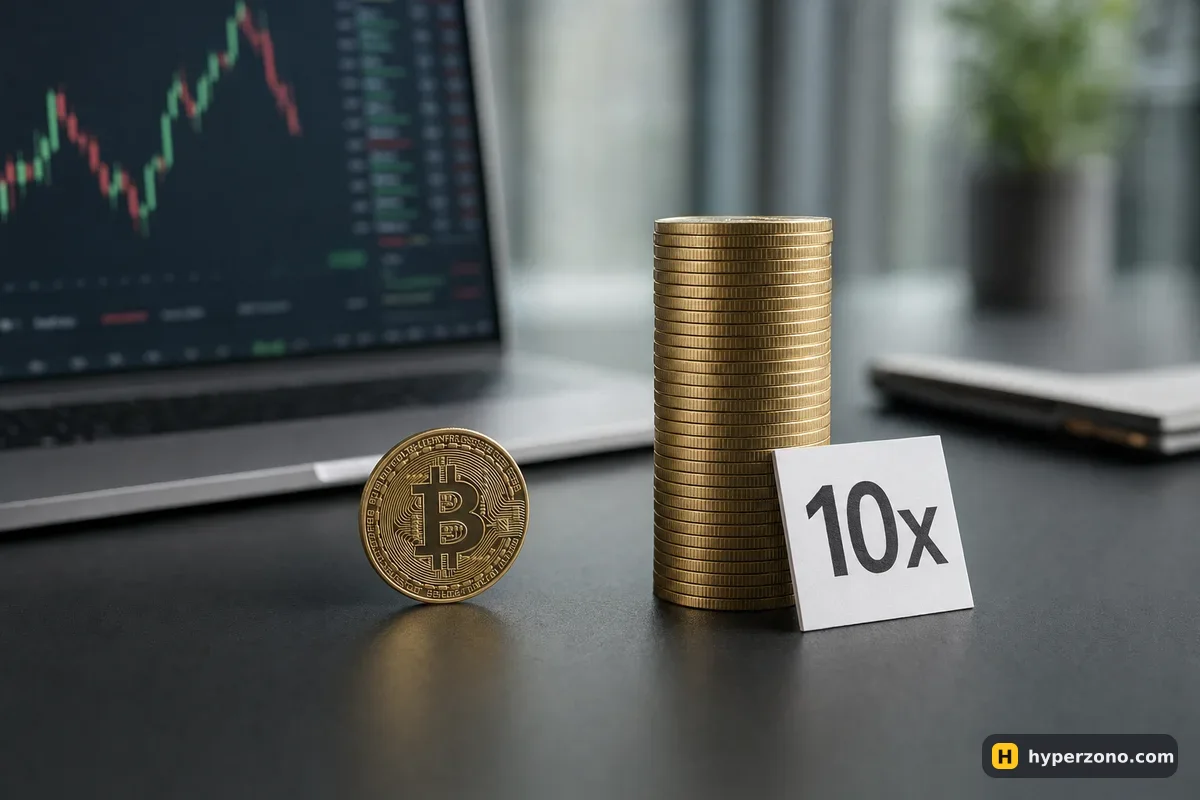 One small Bitcoin coin next to a tower of identical coins labelled 10x