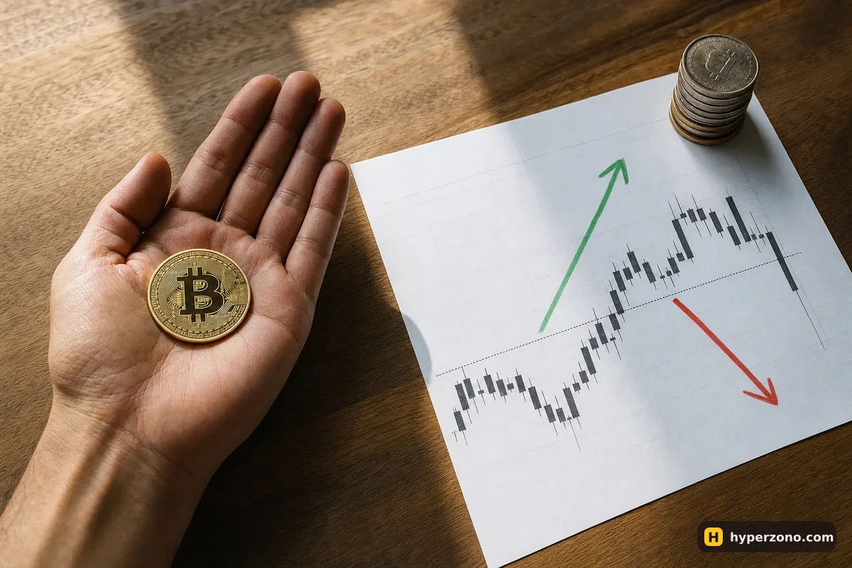 A physical Bitcoin coin held in a palm next to a printed candlestick chart with up and down arrows