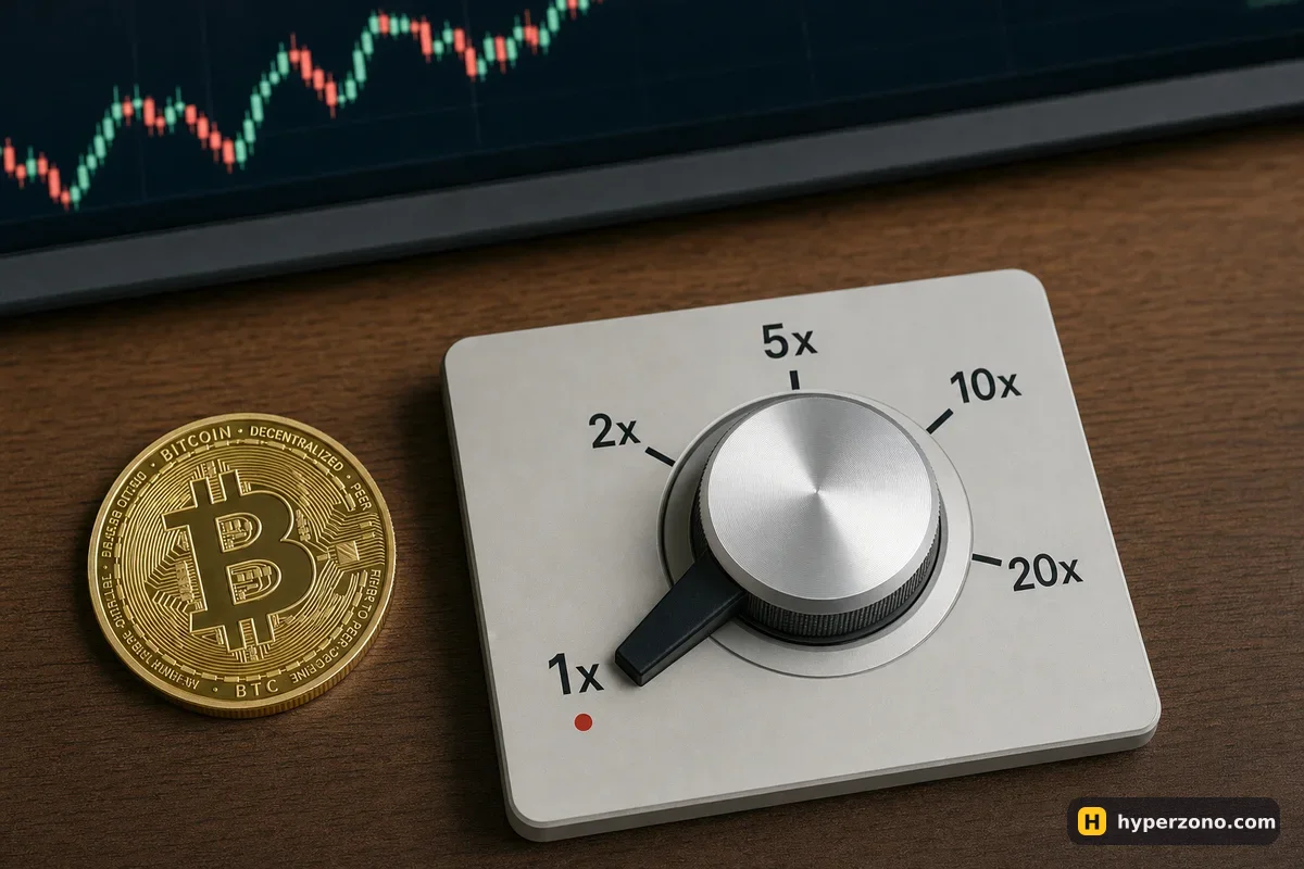 A dial with leverage markings 1x to 20x turned all the way down to 1x, with a Bitcoin coin beside it