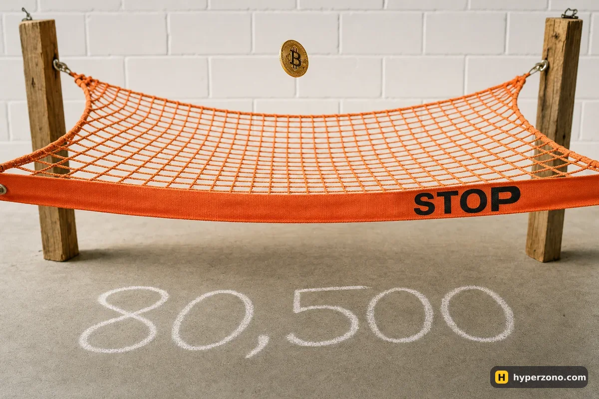 Bitcoin coin falling toward an orange safety net labelled STOP, above a concrete floor marked 80,500