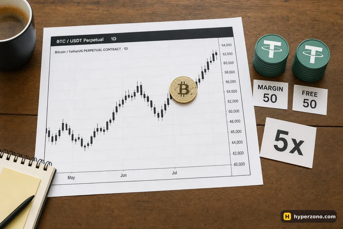 Bitcoin coin on a printed candlestick chart next to two stacks of USDT tokens labelled margin 50 and free 50, with a 5x tag