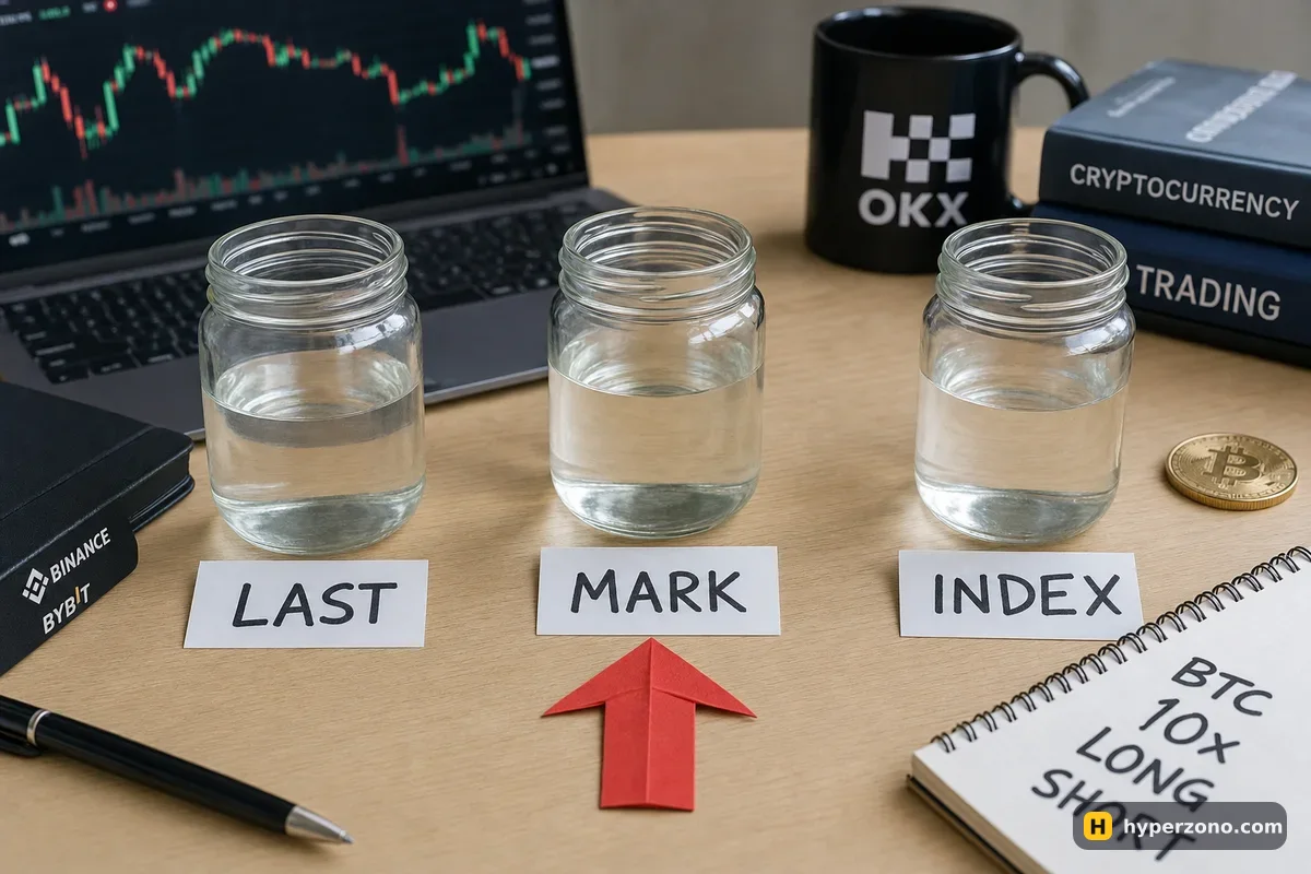 Three glass jars labeled LAST, MARK and INDEX with different water levels, a red arrow pointing at MARK