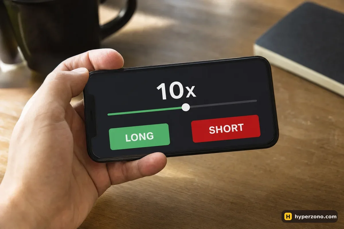 A phone screen showing a leverage slider set to 10x with large LONG and SHORT buttons below it