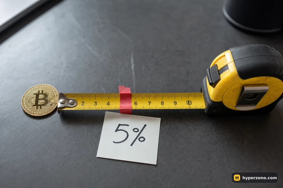 A tape measure on a desk with a Bitcoin coin at zero and a red mark a short distance away labelled 5%