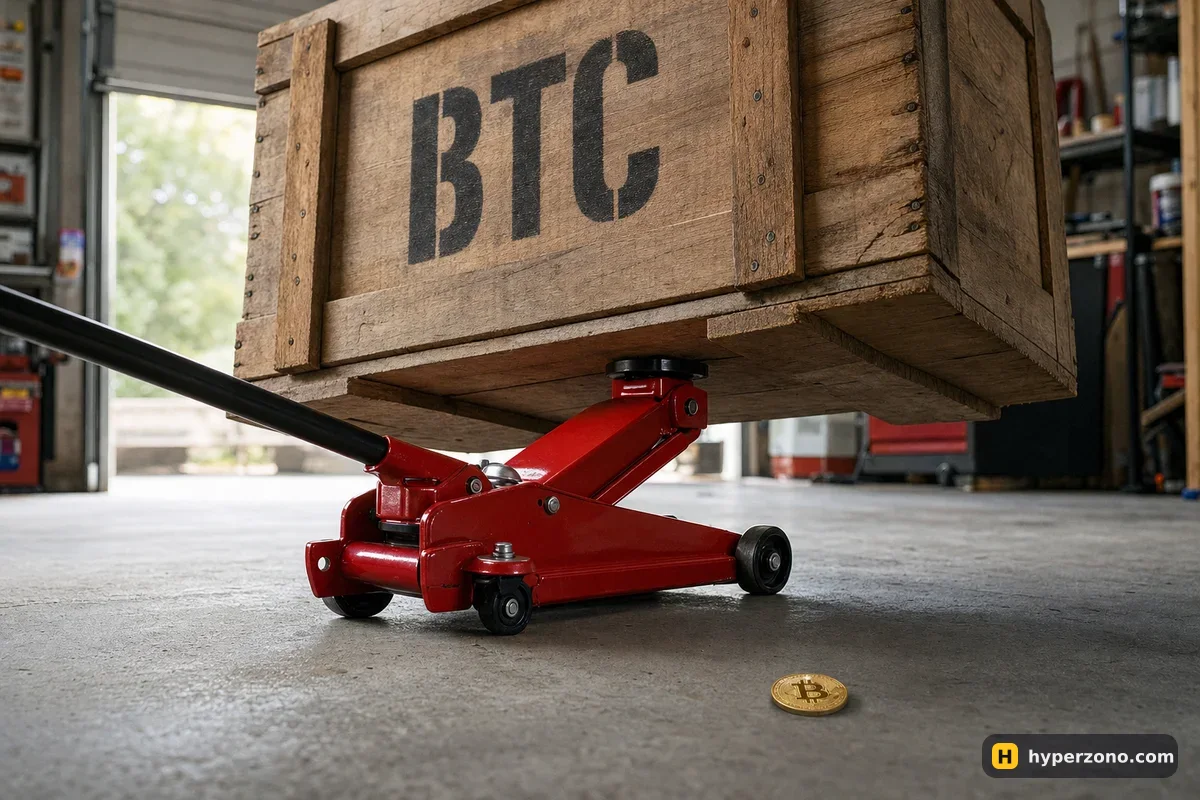 A small car jack lifting a large wooden crate marked BTC, with one small Bitcoin coin on the floor beside it
