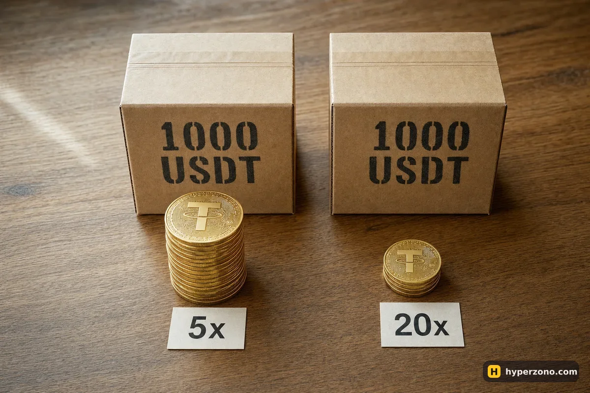 Two identical boxes labelled 1000 USDT with a tall coin stack tagged 5x and a small coin stack tagged 20x in front of them