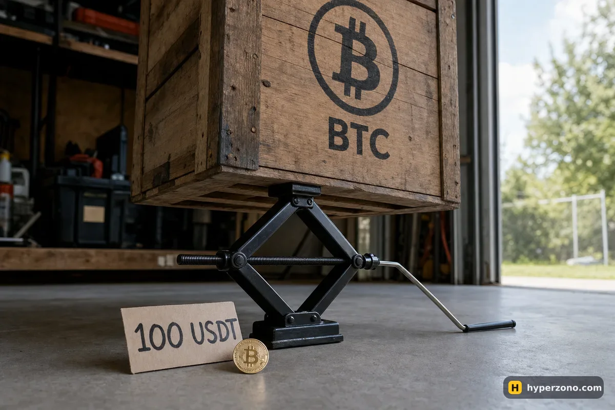 A small car jack lifting a heavy wooden crate marked BTC, with one coin and a card reading 100 USDT on the floor beside it