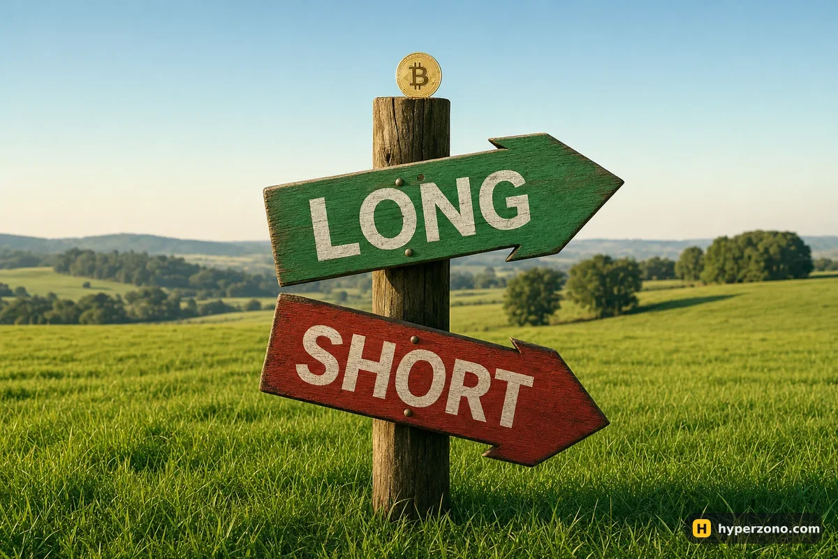Wooden signpost with two arrows, LONG pointing up and SHORT pointing down, with a Bitcoin coin on top