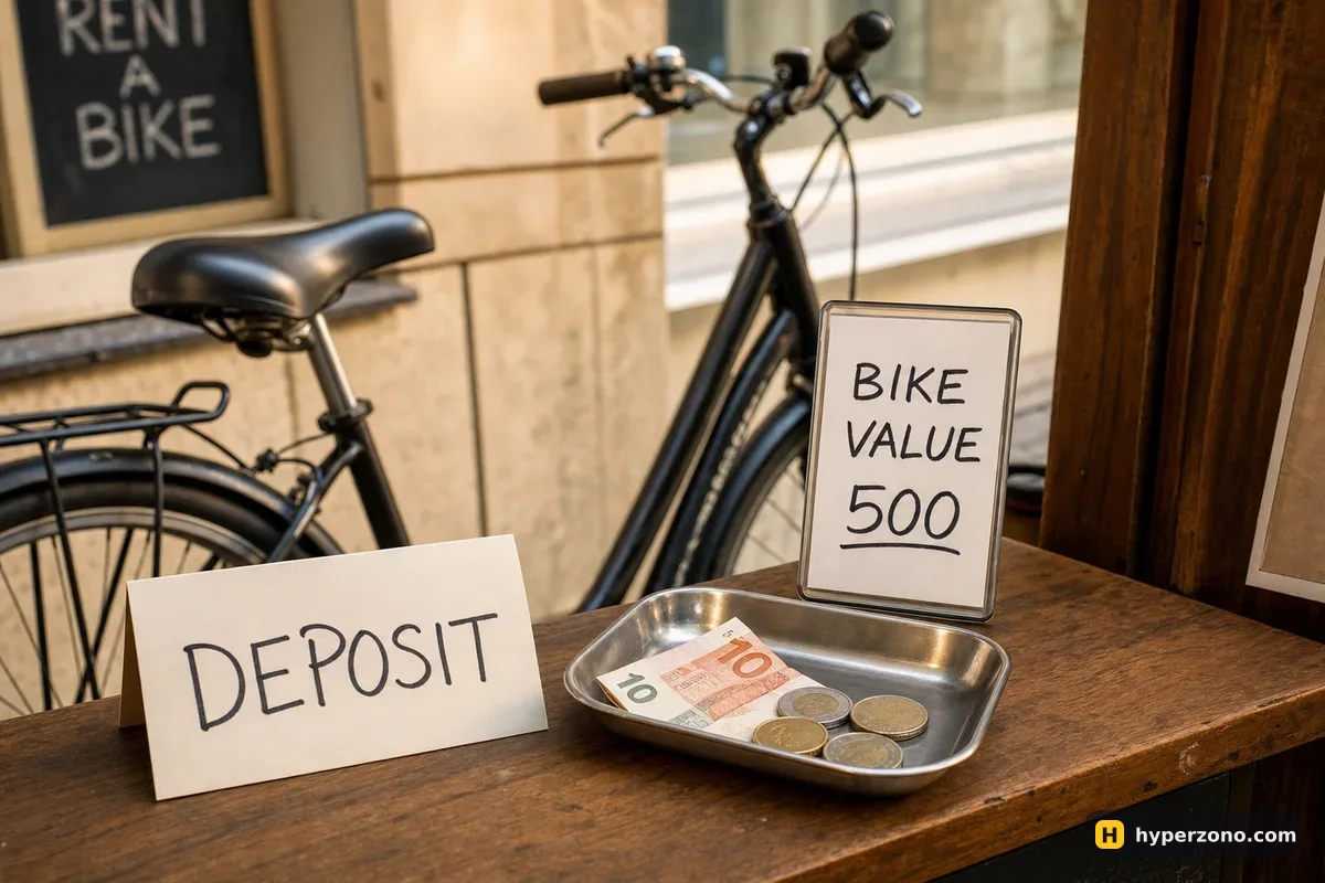 A bike rental counter with a small cash deposit in a tray next to a sign showing the bike's value of 500