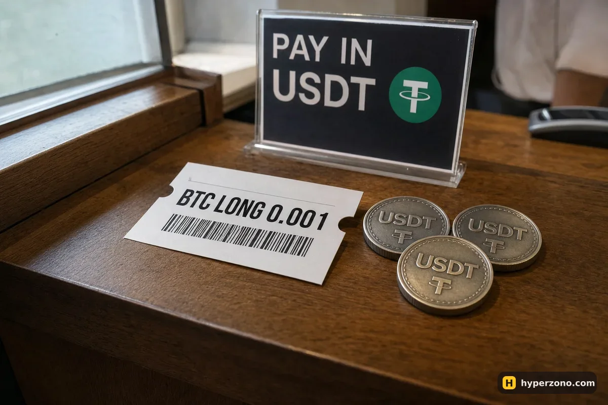 A paper ticket reading BTC LONG next to USDT coins on a counter with a sign saying pay in USDT