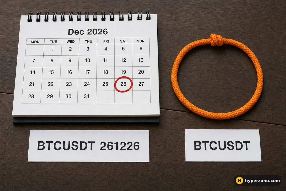 A calendar with 26 December circled next to a ticket reading BTCUSDT 261226, and an endless rope loop labelled BTCUSDT