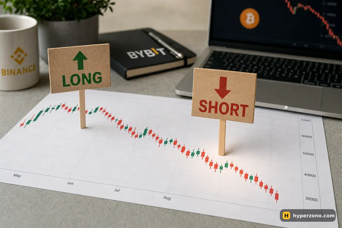 Printed falling candlestick chart on a desk with two small cardboard signposts reading LONG up and SHORT down