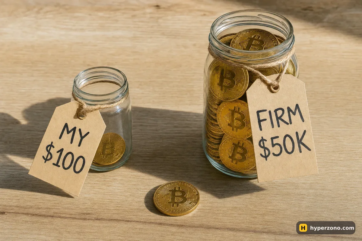 Two glass jars of Bitcoin coins on a table: a small one tagged MY $100 and a full one tagged FIRM $50K