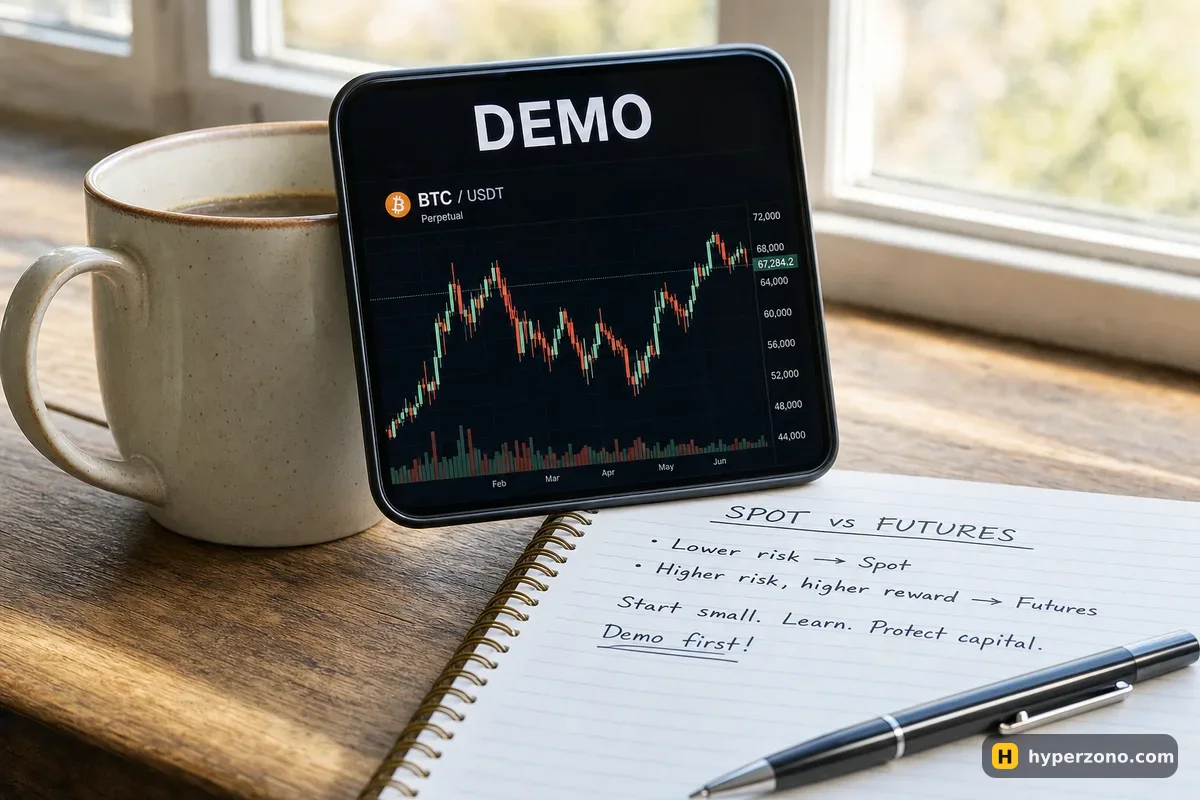 Phone showing a bitcoin chart in demo mode next to a notebook with handwritten trade notes