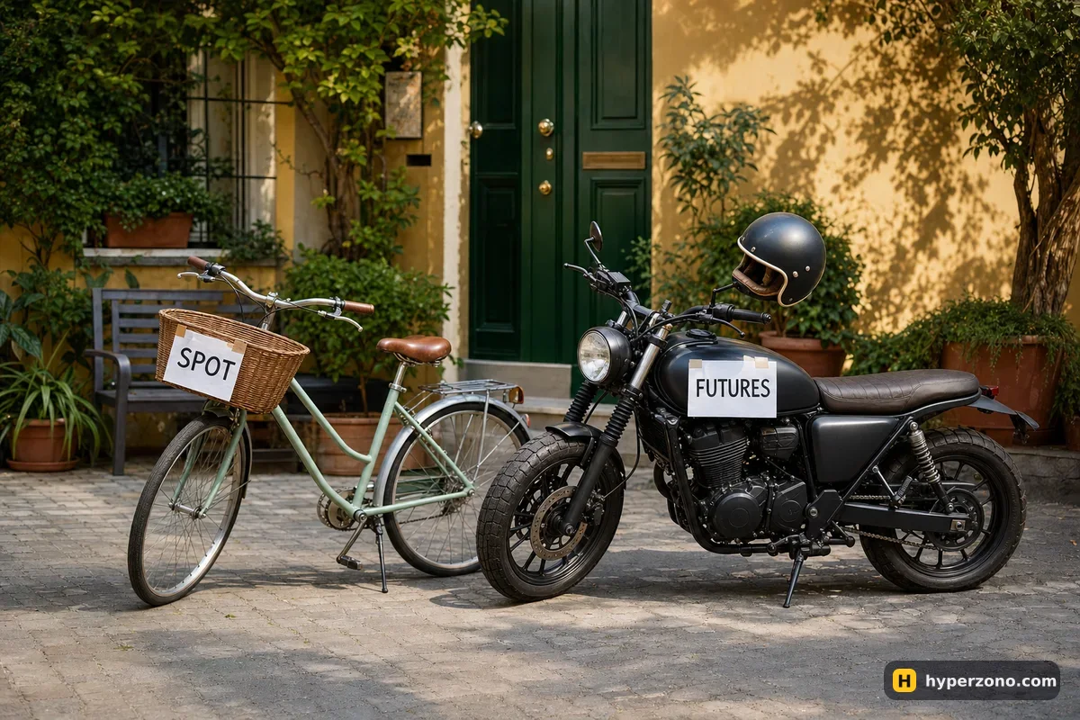 A bicycle labelled SPOT next to a motorbike labelled FUTURES in a courtyard
