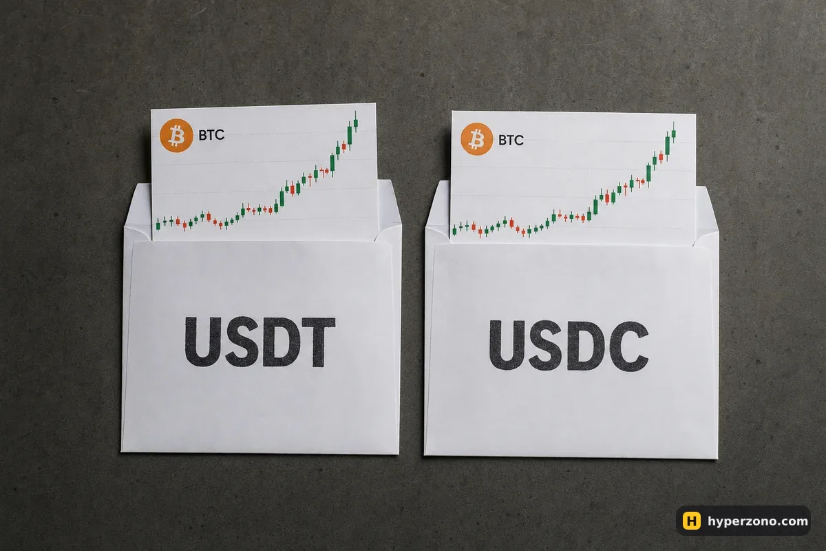 Two identical white envelopes labelled USDT and USDC, each holding the same printed bitcoin price chart