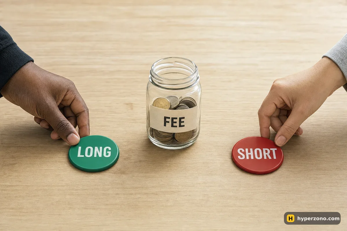 Two hands place LONG and SHORT tokens on a table with a small glass jar labelled FEE between them