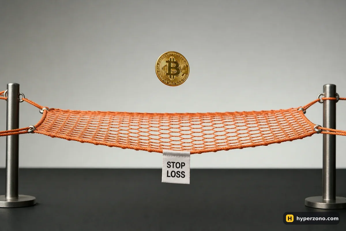 A Bitcoin coin falling into a safety net labelled STOP LOSS, with empty space below
