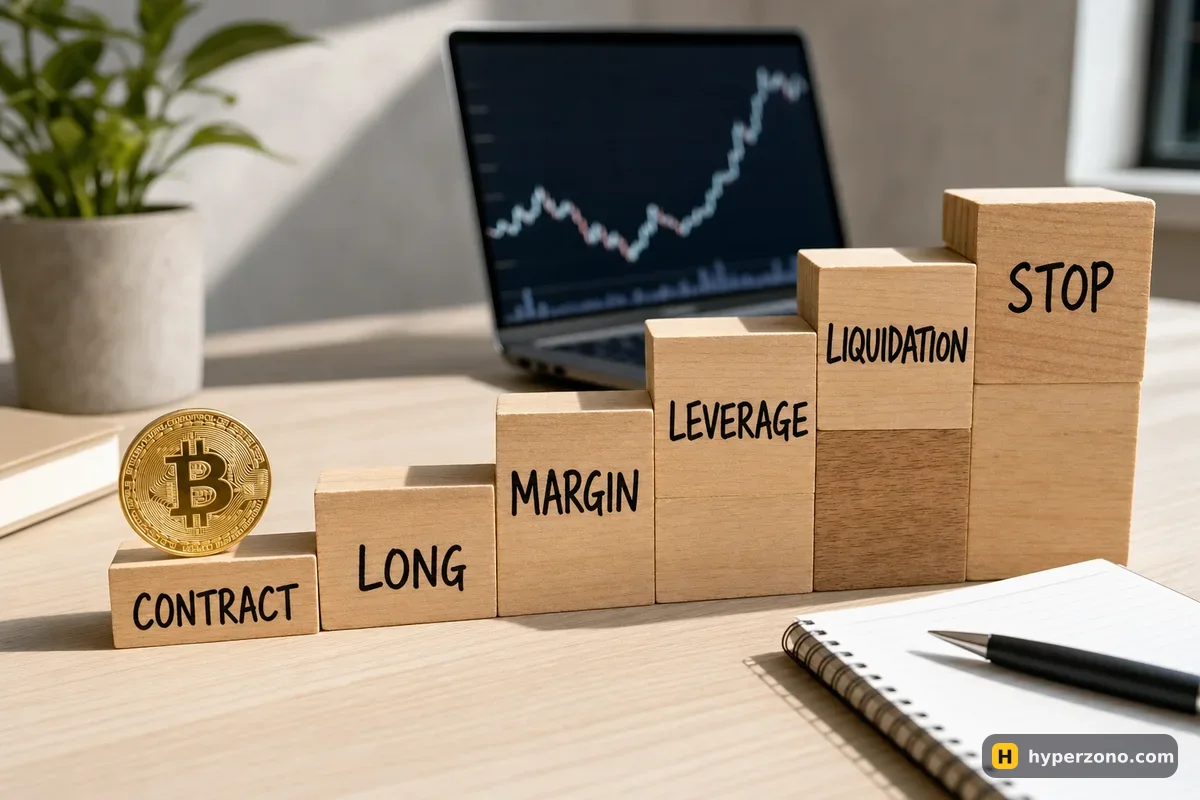 Six wooden blocks arranged as a rising staircase labelled CONTRACT, LONG, MARGIN, LEVERAGE, LIQUIDATION, STOP, with a Bitcoin coin on the first step