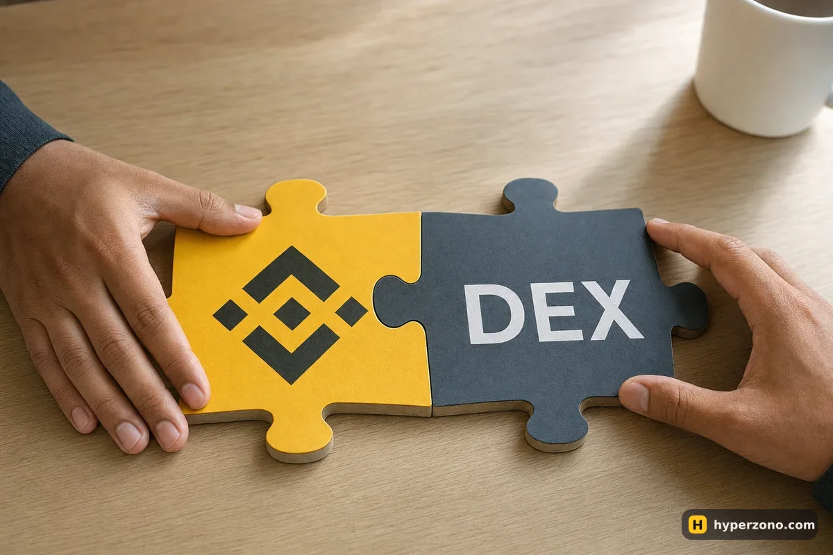 Two jigsaw pieces fitting together, one with the Binance logo and one labelled DEX, held by two hands on a wooden desk