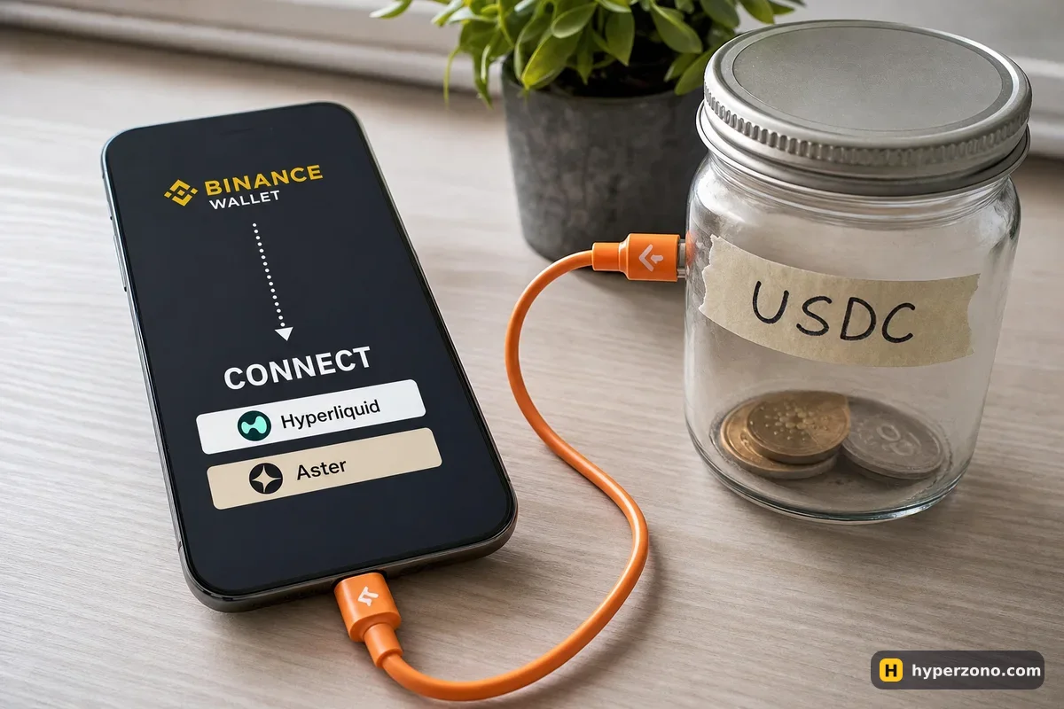 A phone showing a Connect prompt, linked by a cable to a tightly closed jar of coins labelled USDC