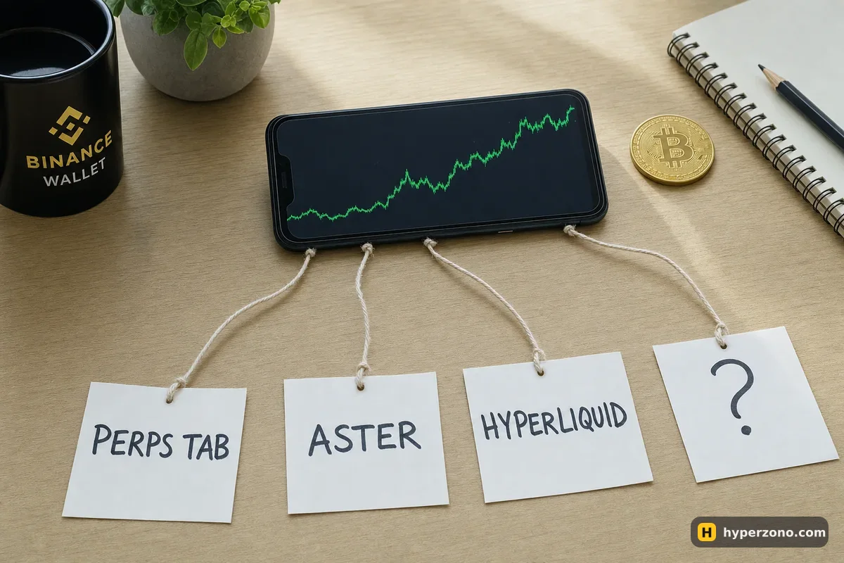 A phone on a desk with four strings leading to paper cards labelled Perps tab, Aster, HyperLiquid and a question mark