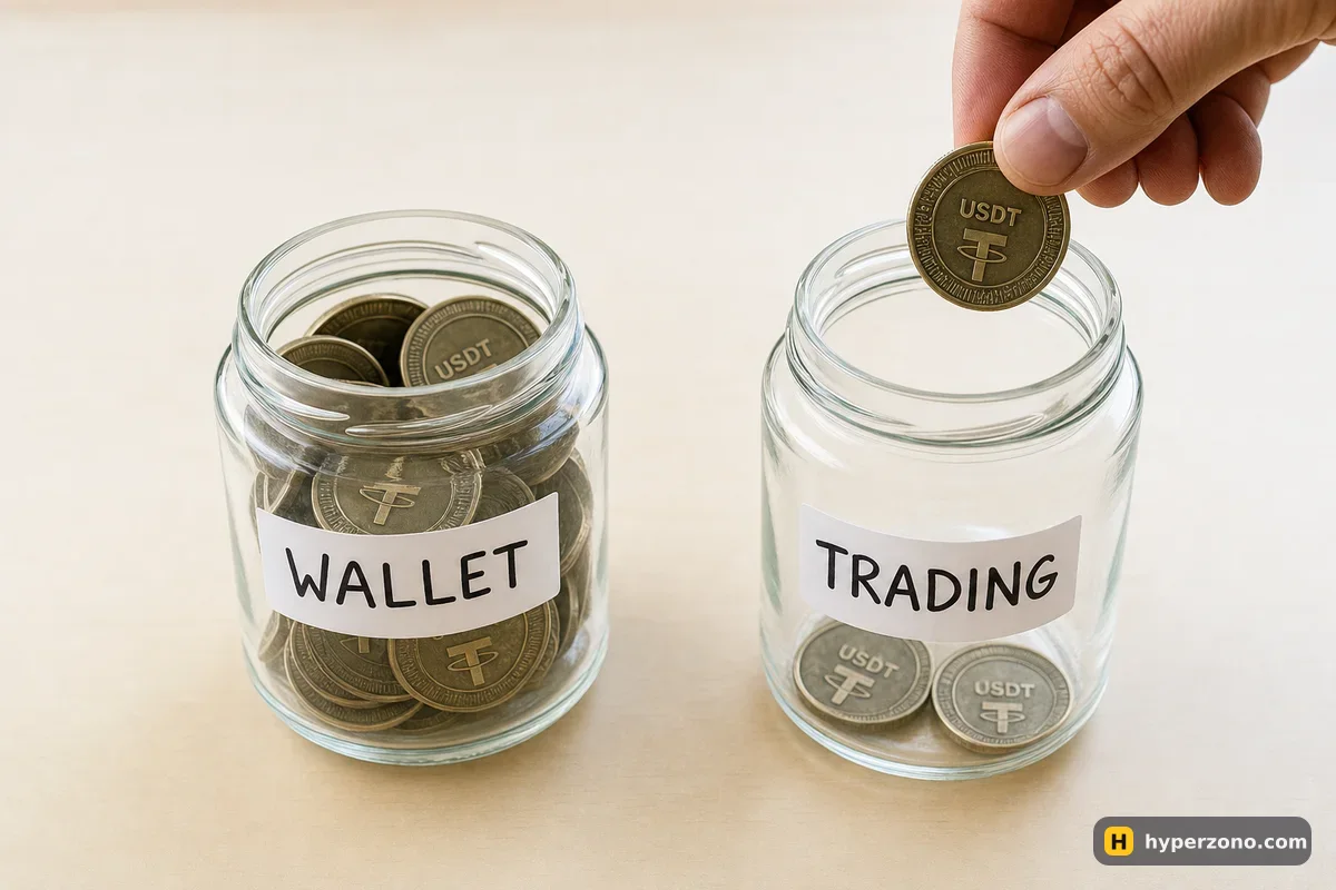 Two labelled glass jars, WALLET and TRADING, with USDT coins being moved from one to the other
