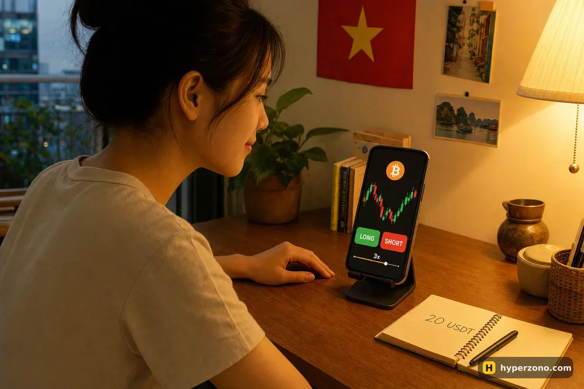 A young woman at a desk with her phone showing a Bitcoin chart, LONG and SHORT buttons and a 3x leverage slider