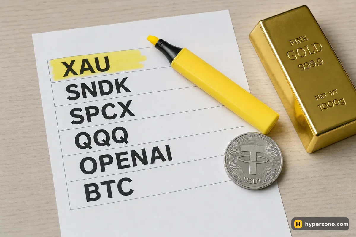 Printed list of ticker rows with the gold row highlighted, next to a small gold bar and a USDT coin