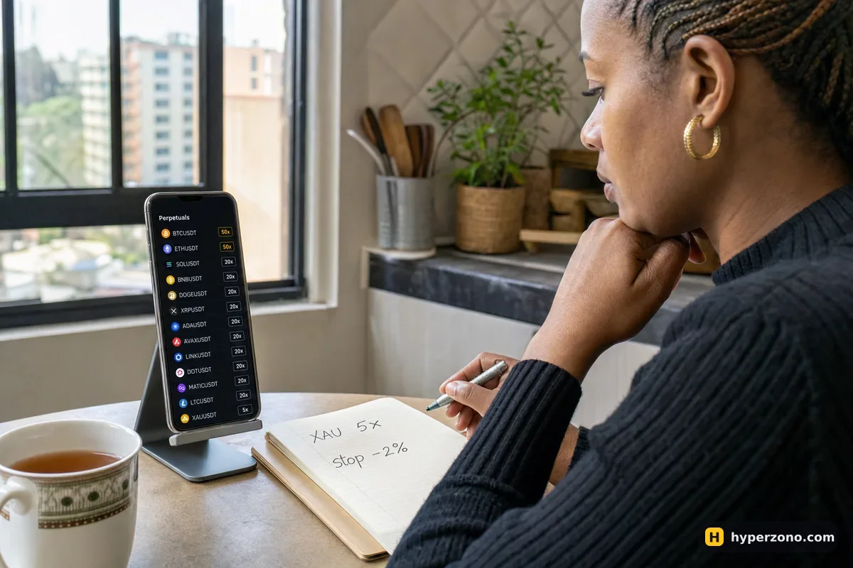 Woman checking leverage badges on a list of perpetual pairs on her phone while noting her own leverage and stop in a notebook