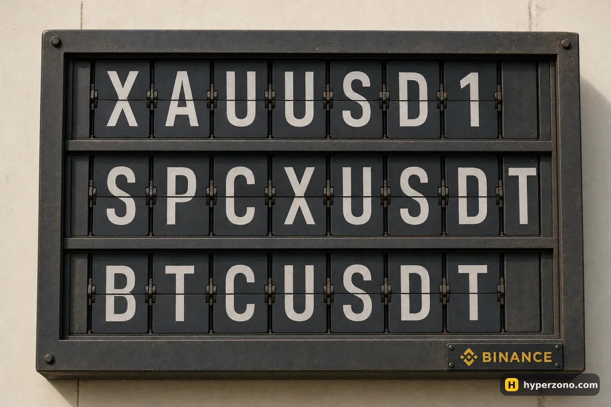 Mechanical split-flap board showing pair names XAUUSD1 and SPCXUSDT, with a third row flipping to a new value