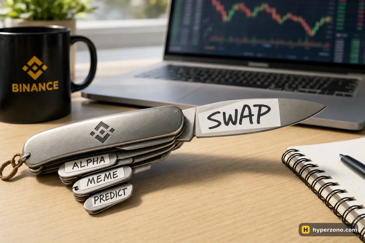 An open pocket multi-tool on a desk, one blade labelled SWAP pulled out, the folded tools tagged ALPHA, MEME and PREDICT