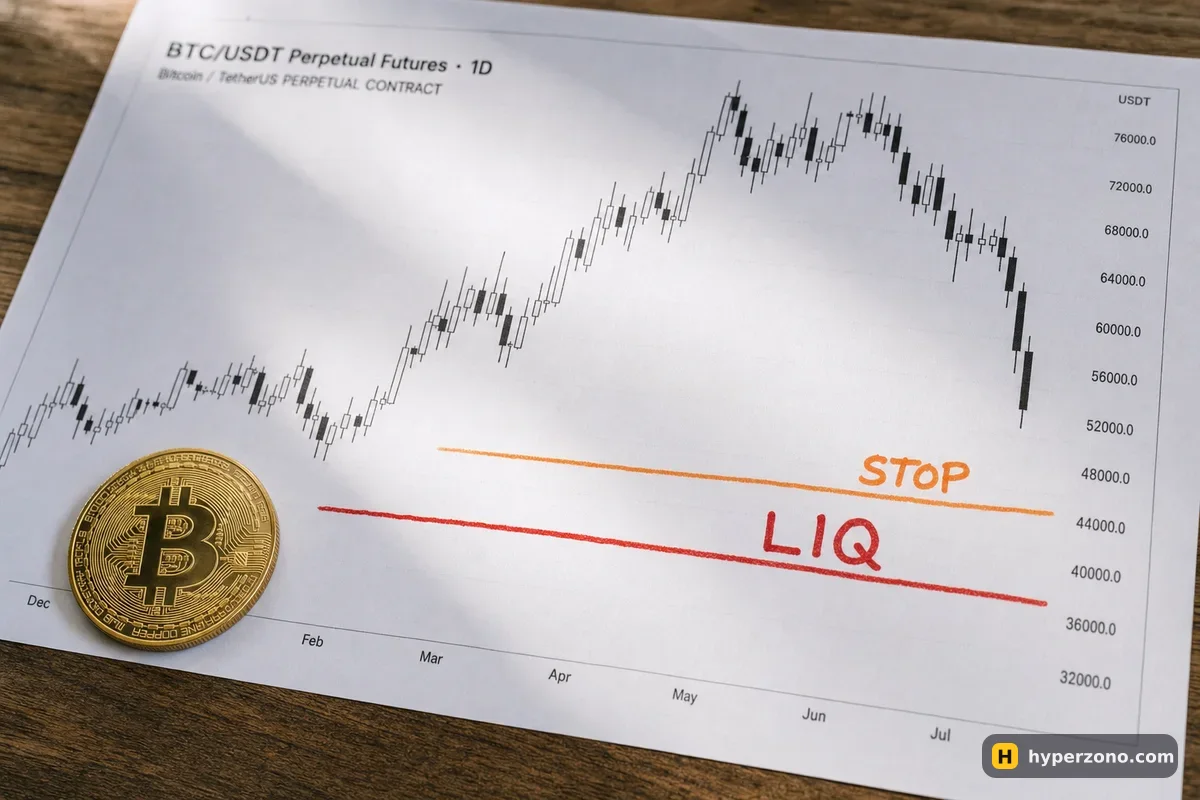 Printed candlestick chart with a low red line marked LIQ and a nearer orange line marked STOP above it