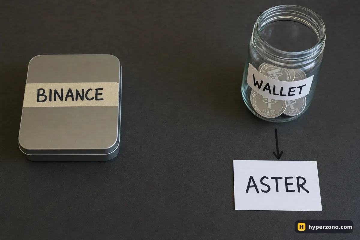 A glass jar labelled WALLET with USDT coins, an arrow pointing to a card marked ASTER, and a separate closed tin labelled BINANCE
