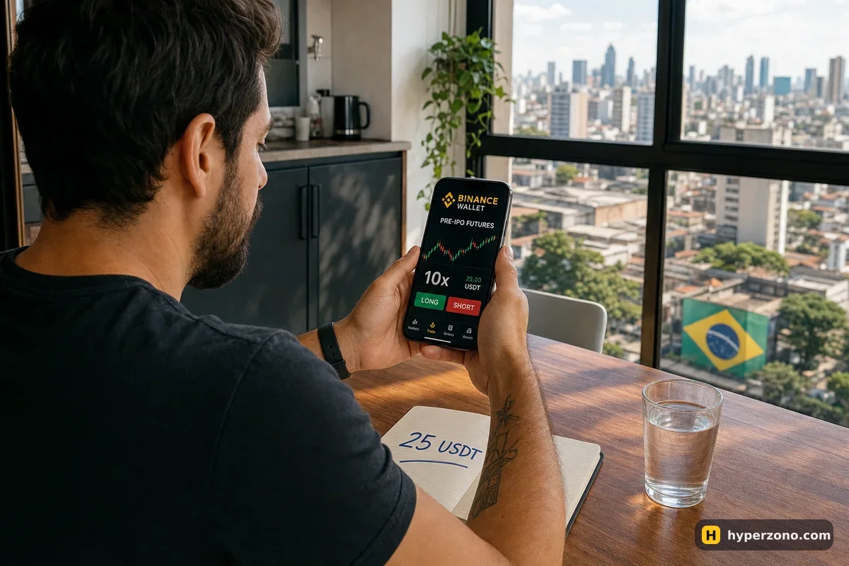A man at a kitchen table holding a phone showing a 10x leverage setting with LONG and SHORT buttons, next to a notebook reading 25 USDT