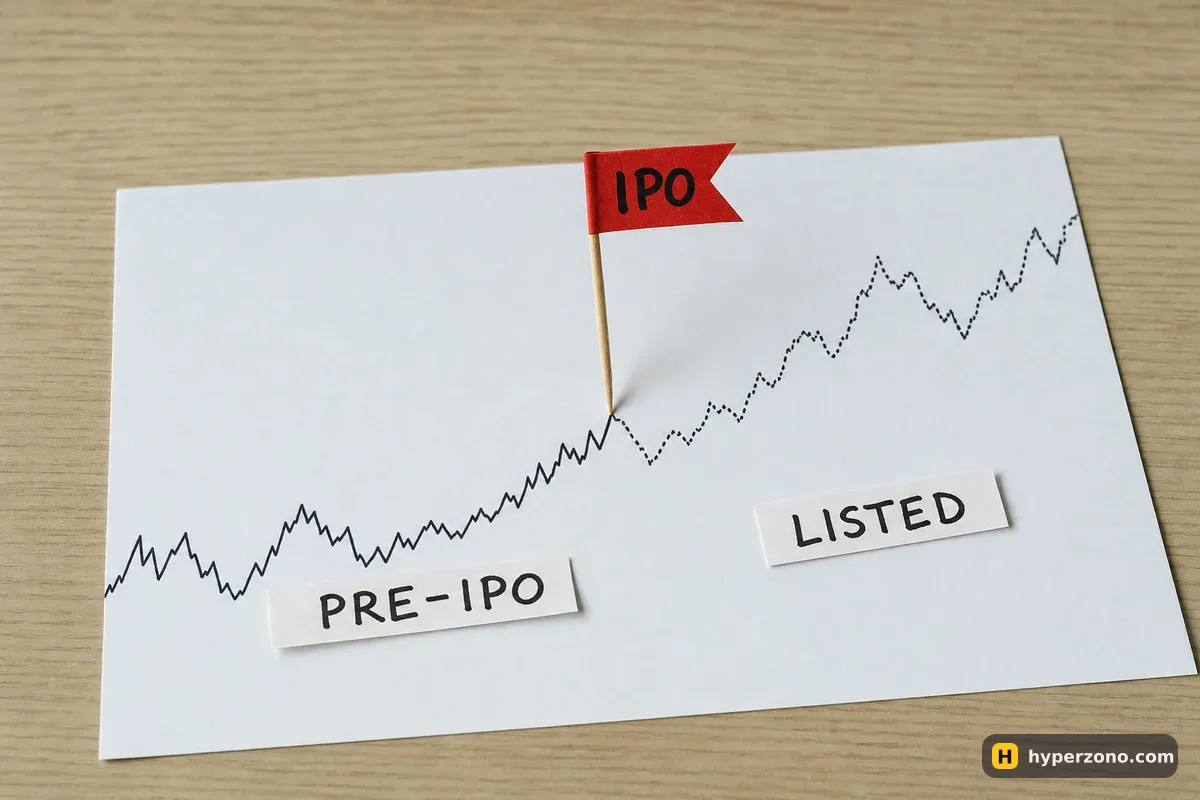 Printed price chart on a desk with a small paper flag marked IPO dividing a PRE-IPO strip from a LISTED strip