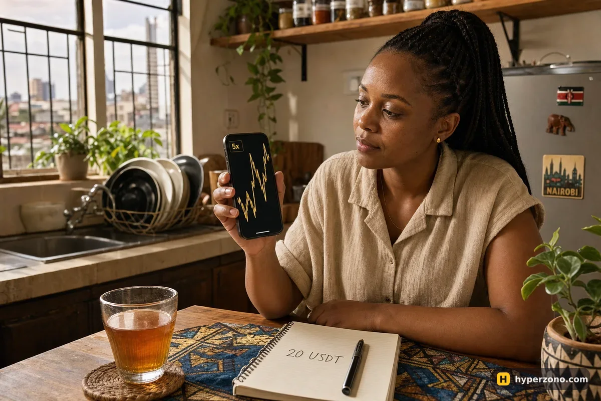 A woman at a kitchen table holding a phone showing a jagged price chart with a 5x label, a notebook beside her with 20 USDT written on it