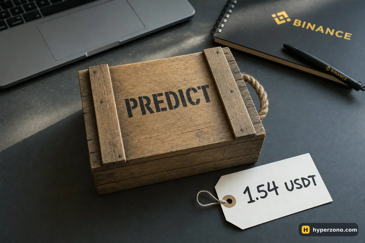 A sealed wooden crate marked PREDICT on a desk, with a paper price tag reading 1.54 USDT lying beside it