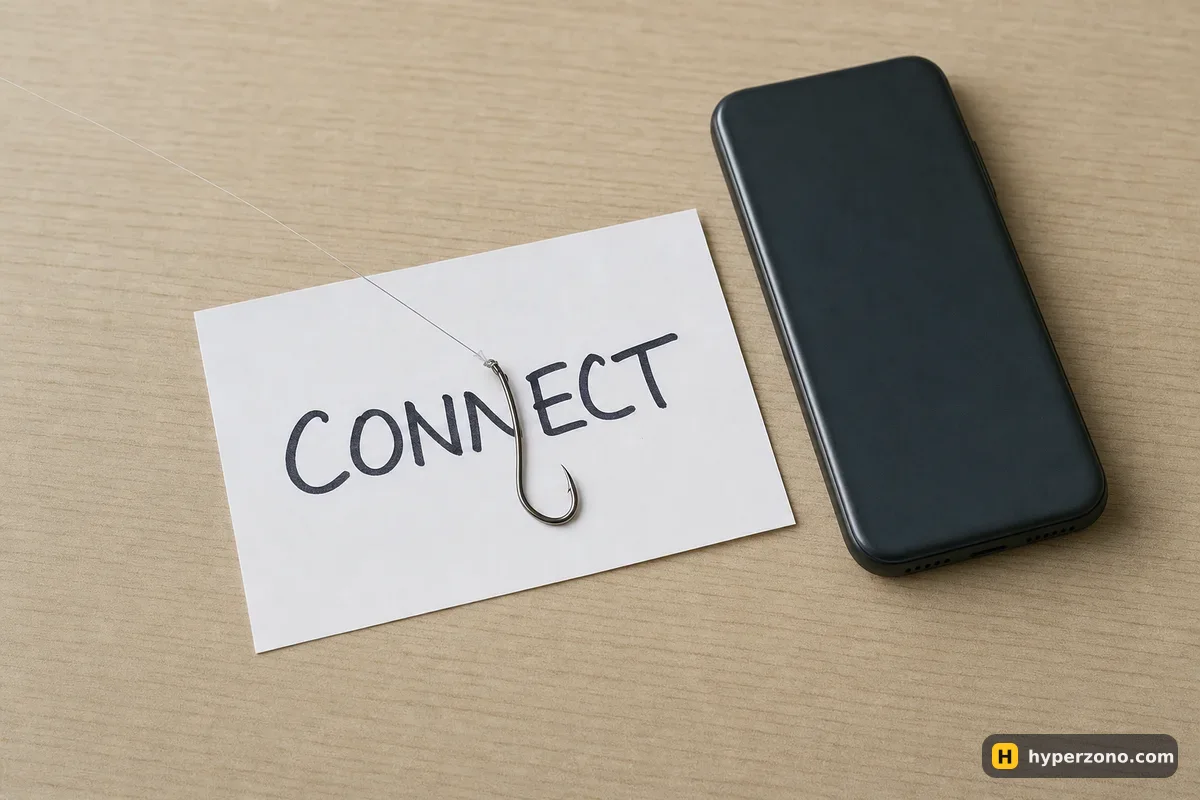 A fish hook lying across a card that says CONNECT, next to a face-down phone