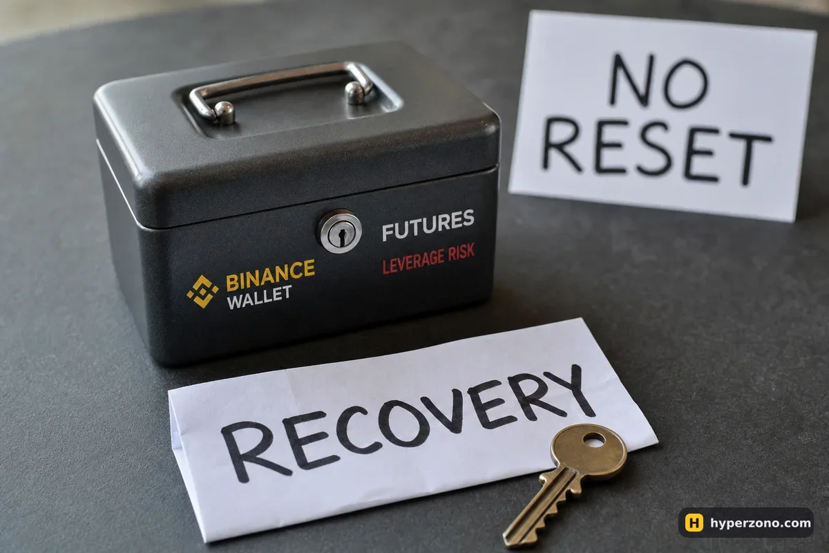 A locked metal box with one key on a slip of paper marked RECOVERY and a card reading NO RESET