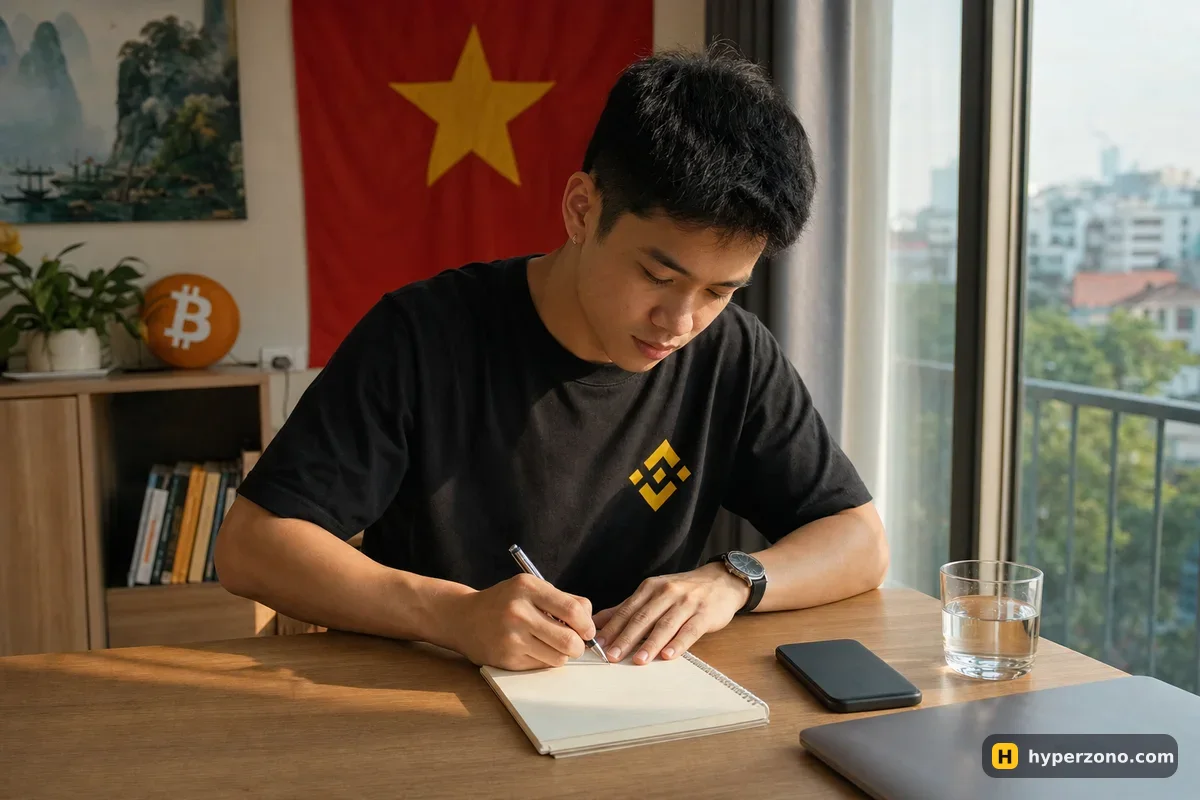 A young man writing his wallet recovery password in a paper notebook while his phone lies face down beside him