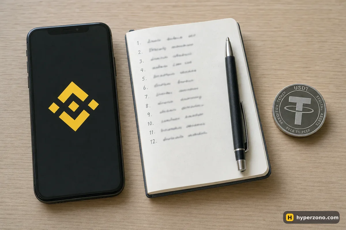 Phone with the Binance logo, a notebook with twelve numbered lines for a seed phrase, and a USDT coin on a wooden desk